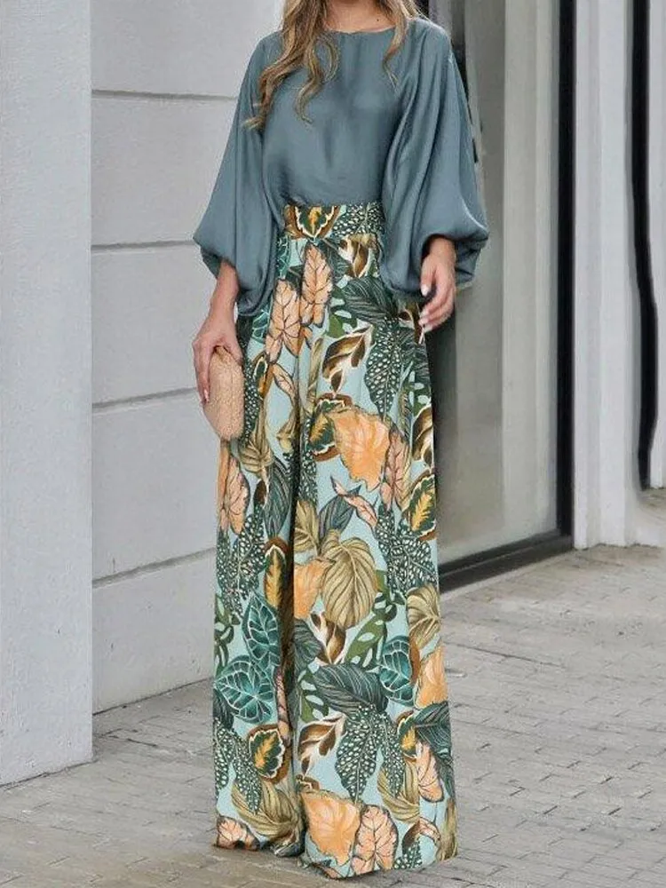 2023 Cross border Foreign Trade Summer New Women's Set Loose Lantern Sleeve T-shirt Top Printed Wide Leg Pants Two Piece Set