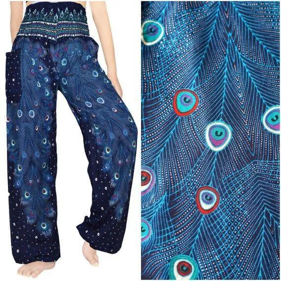 Blue Loose Handmade Boho Pants with Peacock Pattern