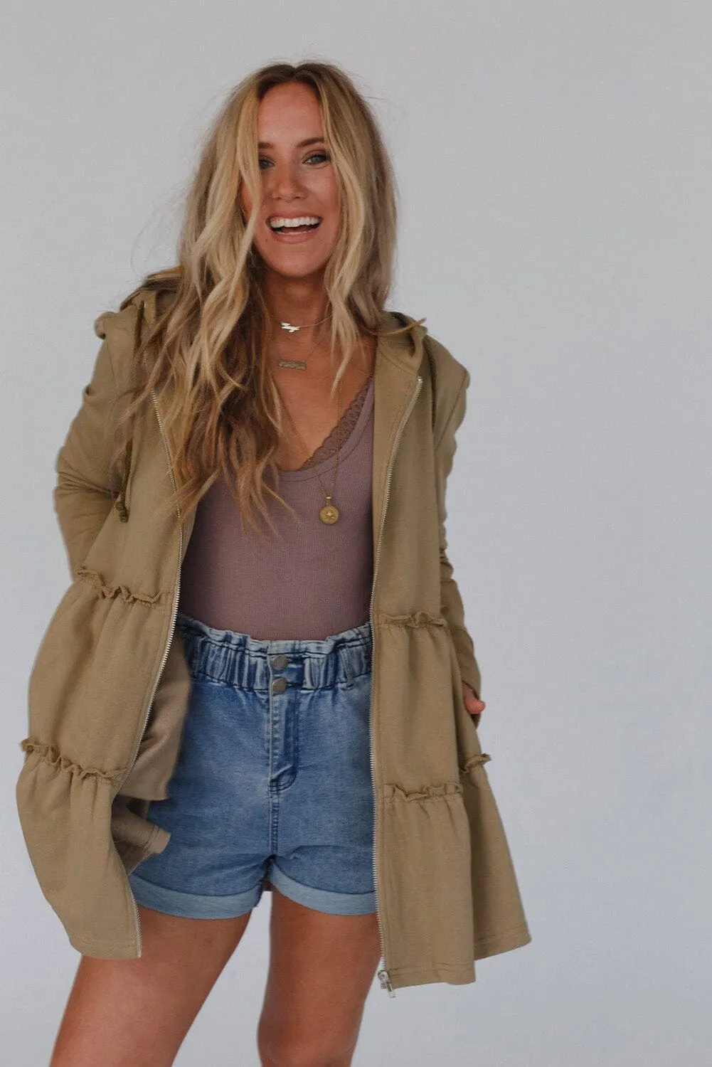 KaleaBoutique Tiered Ruffled Zip-Up Drawstring Hooded Jacket