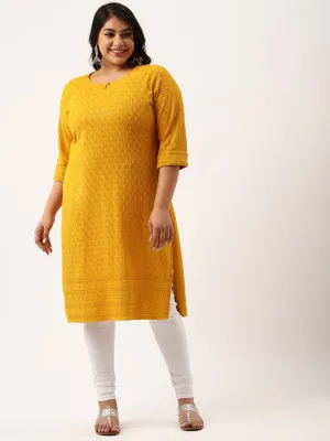 Mustard Rayon Keyhole Neck 3/4th Sleeves Chikankari Embroidery Ethnic Wear Kurta For Women - ZOLA