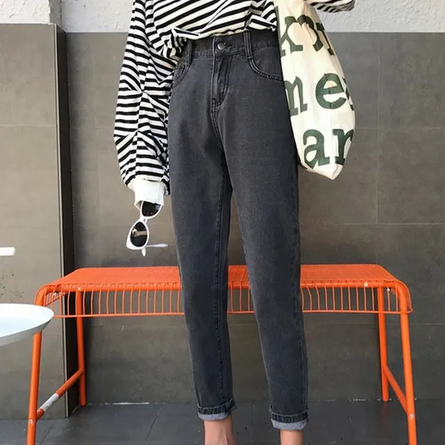 PLAMTEE Slim Jeans For Women Vintage High Waist Jeans Woman Solid Denim Harem Pants Stretch Waist Jean Trousers Warm Cowboy Pant