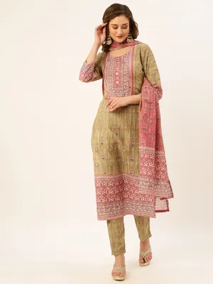ZOLA Round Neck Muslin All Over Dabu Print Mehandi Straight Kurta Set with Dupatta For Women